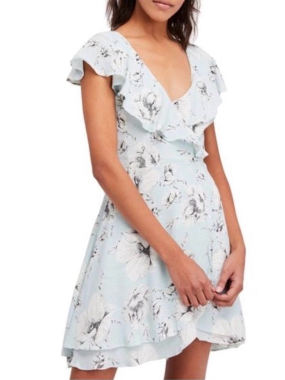 Free People French Quarter Wrap Dress Floral Flutter Sleeves XS